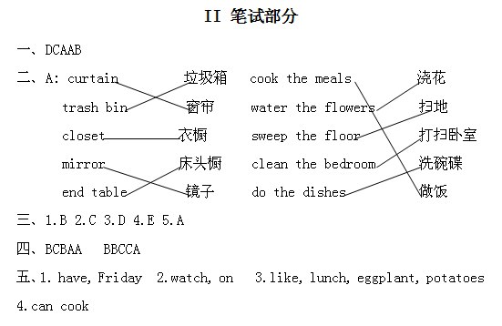 小学英语(PEP)五年级上册综合测试答案
